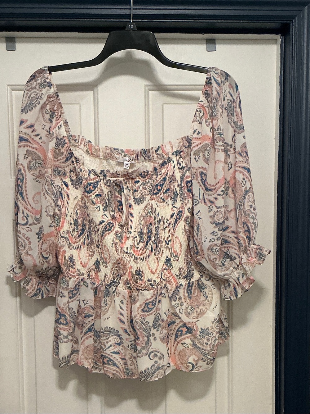 Smocked Cream Paisley Blouse with Pink & Blue Accents 3X